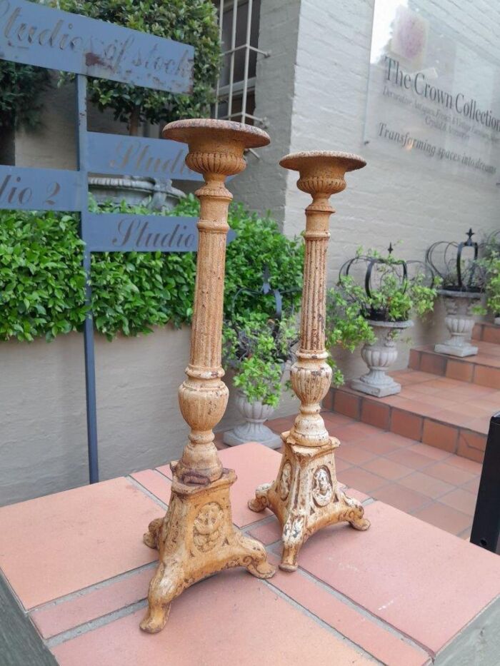 A 20th Century French Pair Of Cast Iron Candle Sticks - Image 2