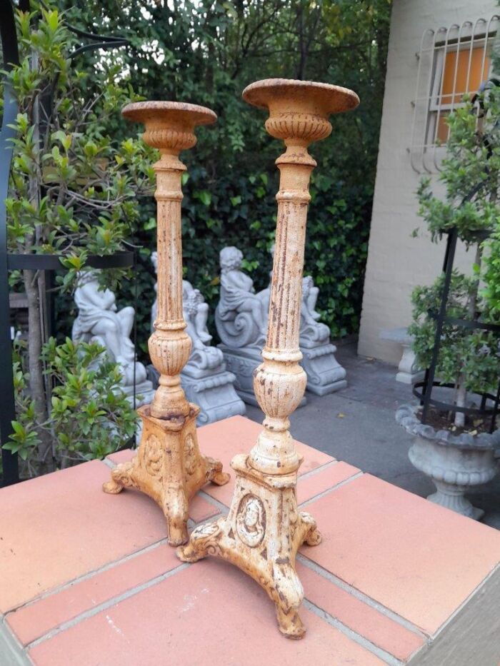 A 20th Century French Pair Of Cast Iron Candle Sticks - Image 3
