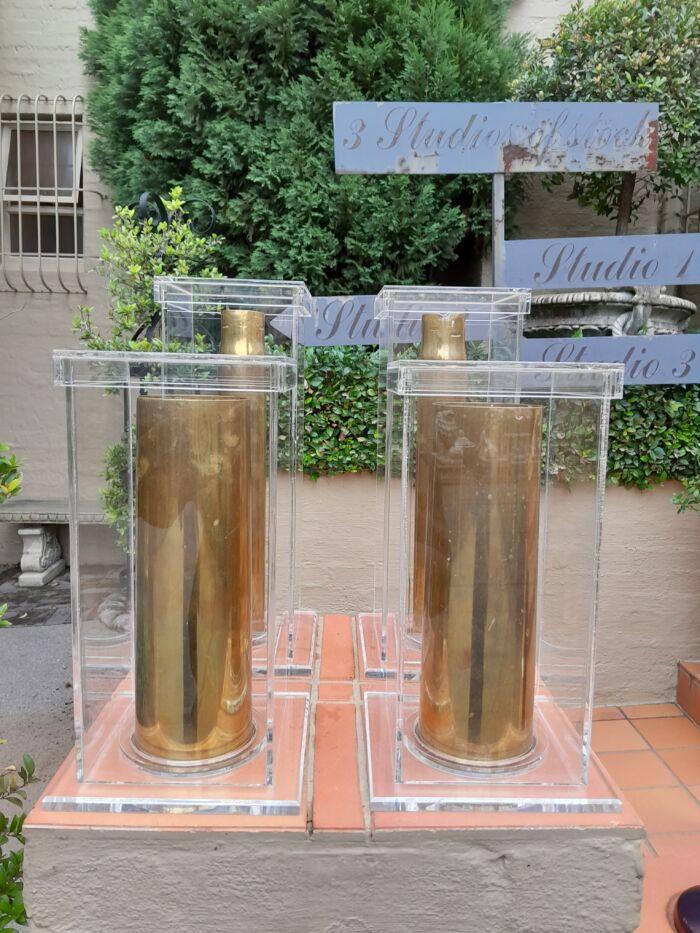 A Set Of 20th Century Circa 1940 Military Brass Cannon Shells Two With SA Union Military Markings in Custom Made Perspex Box ND - Image 4