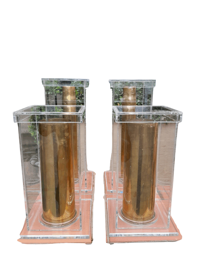 A Set Of 20th Century Circa 1940 Military Brass Cannon Shells Two With SA Union Military Markings in Custom Made Perspex Box ND