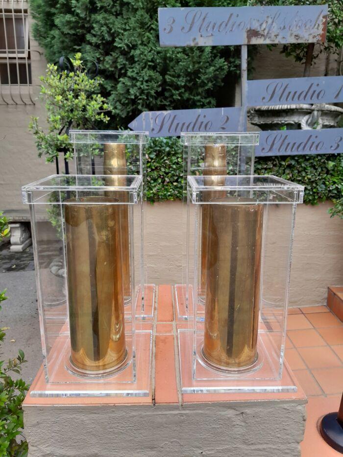 A Set Of 20th Century Circa 1940 Military Brass Cannon Shells Two With SA Union Military Markings in Custom Made Perspex Box ND - Image 3