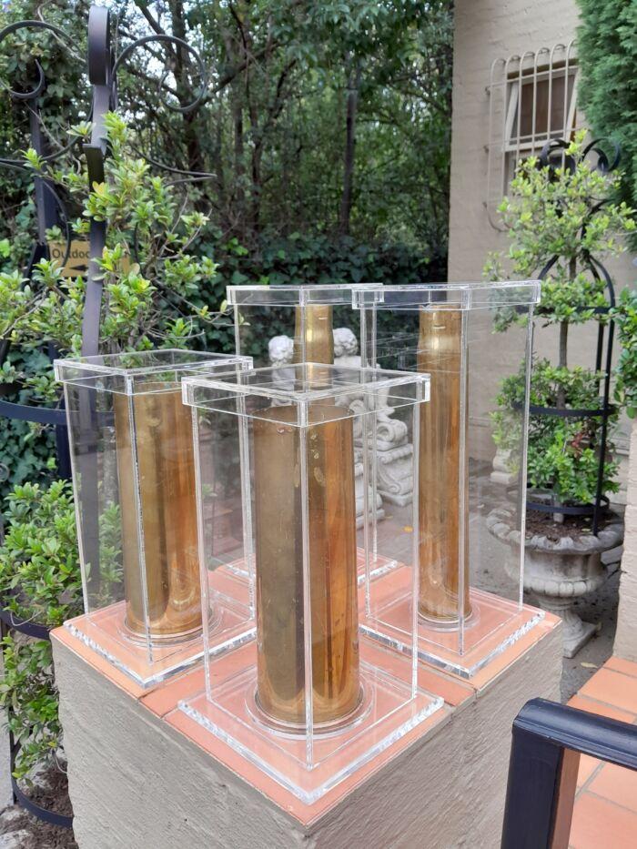 A Set Of 20th Century Circa 1940 Military Brass Cannon Shells Two With SA Union Military Markings in Custom Made Perspex Box ND - Image 2