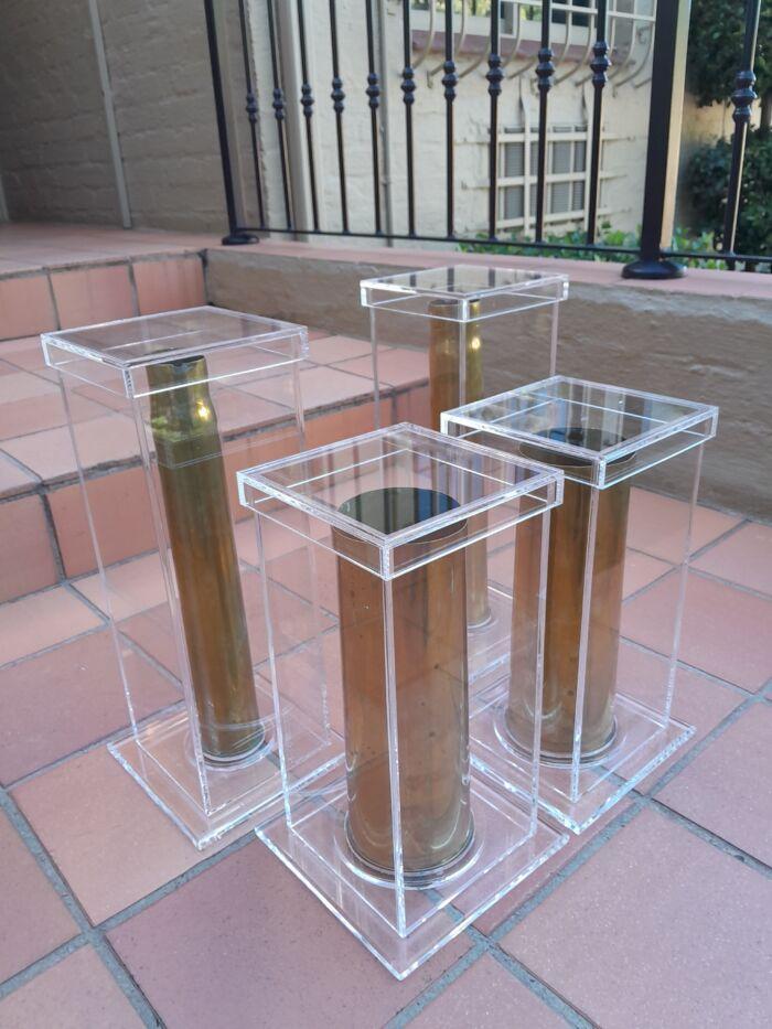 A Set Of 20th Century Circa 1940 Military Brass Cannon Shells Two With SA Union Military Markings in Custom Made Perspex Box ND - Image 6
