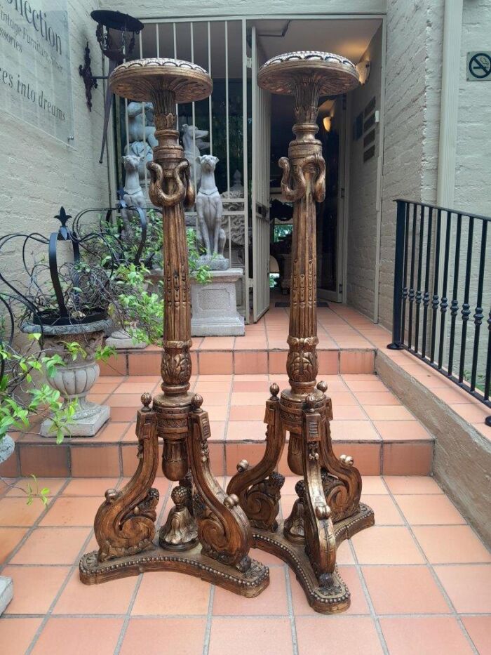 A 20th Century Pair Of French Style Giltwood Floor Or Table Candle Holders / Sticks / Plinths