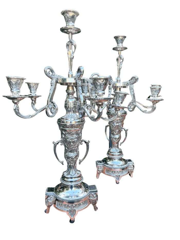 A Late 19th Century Pair Of French Rococo Style Silver Plate Candelabrum