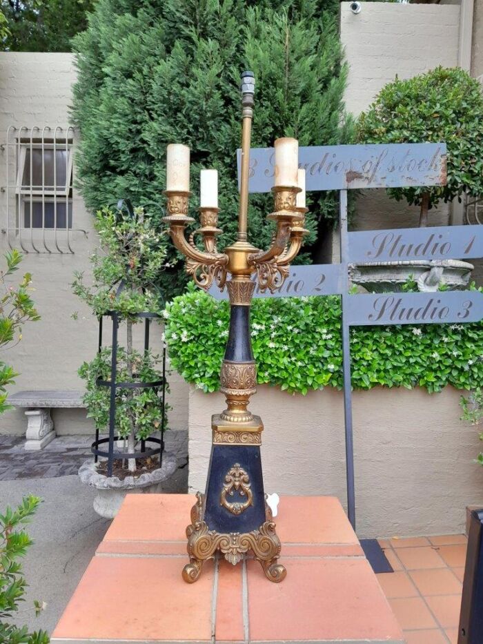 A Mid 20th Century Pair Of French Empire Style Black Metal And Brass Gilt Painted Candelabra Lamps - Image 3