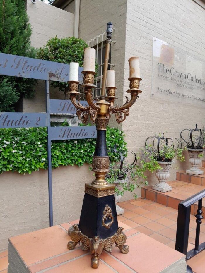 A Mid 20th Century Pair Of French Empire Style Black Metal And Brass Gilt Painted Candelabra Lamps - Image 4
