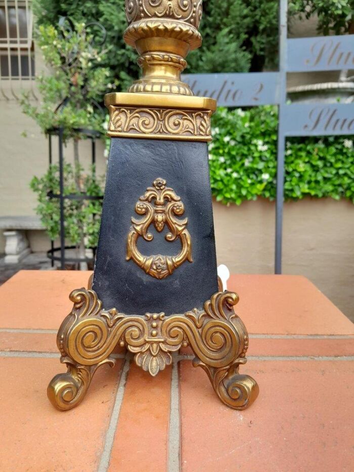 A Mid 20th Century Pair Of French Empire Style Black Metal And Brass Gilt Painted Candelabra Lamps - Image 5