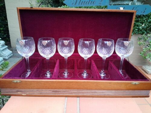 A 20th Century Set of Six Somerset Crystal Wine Glasses in Walnut Case