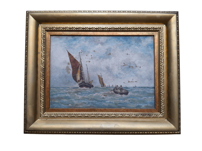 A 20th Century Painting of Ships Oil on Canvas In a Ornately Framed Gilded Frame by Continental School