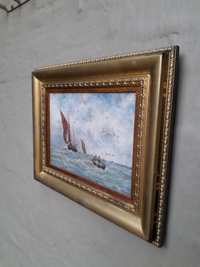 A 20th Century Painting of Ships Oil on Canvas In a Ornately Framed Gilded Frame by Continental School - Image 2