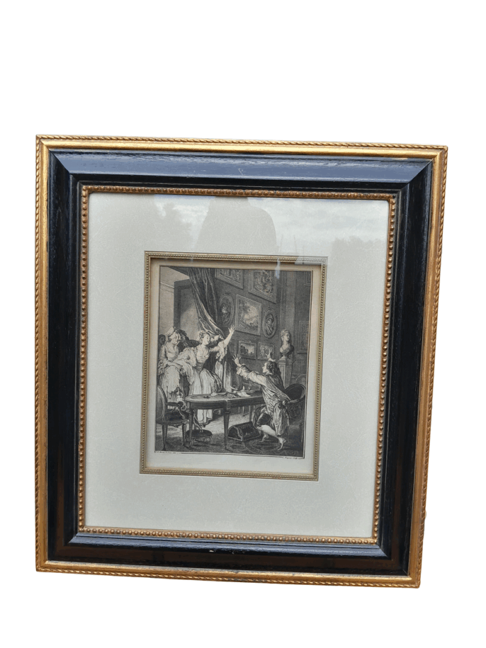 An 18th Century Antique Jean M. Moreau French (1741  1841) Engraving Etching Print in Gilt Painted Frame