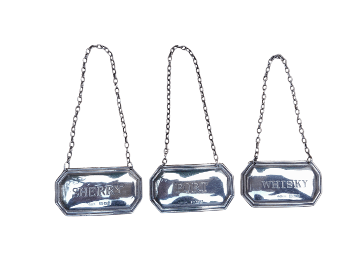 20th Century English Silver Set of Three Decanter Labels Sherry, Whiskey and Port (29.1 grams)