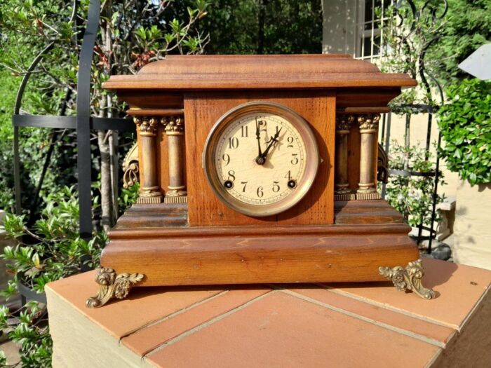 An Early 20th Century Edwardian Walnut Clock by Sessions Clock Company US with Eight Day Movement and Gong