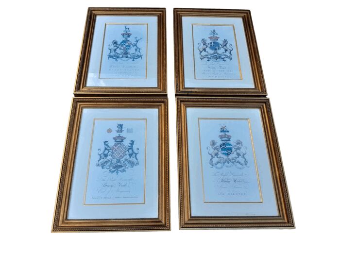 A Set of 4 Heraldry of Earl of Castlehaven & Baronet Maynard of Wicklow Prints in Gilt Frames