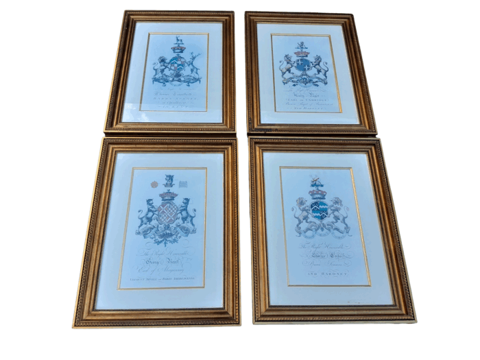 A Set of 4 Heraldry of Earl of Castlehaven & Baronet Maynard of Wicklow Prints in Gilt Frames