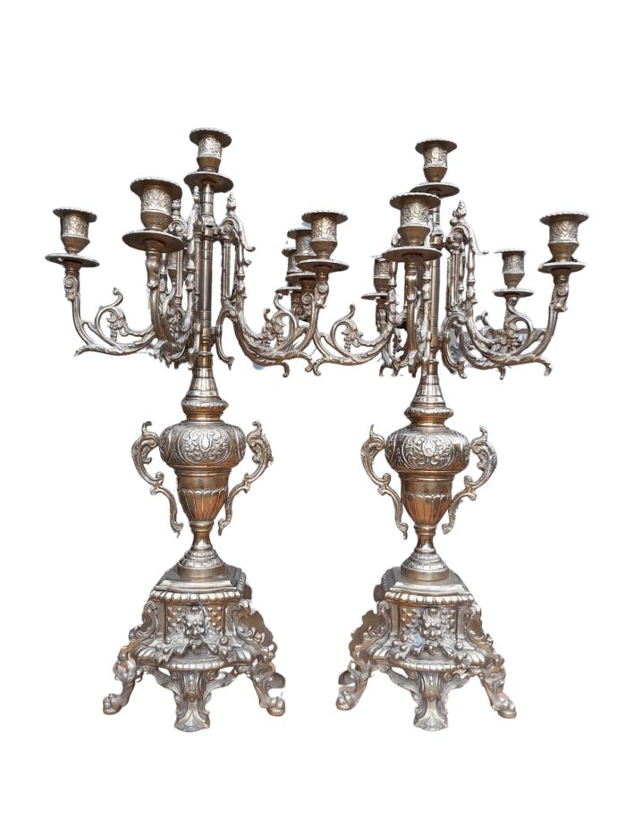 A 20TH Century Pair of Ornate French Style  Brass Candelabras