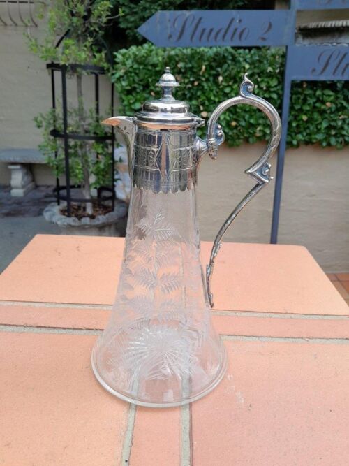 An Antique Victorian Hand-Cut Crystal Claret Jug with Silver plate mount