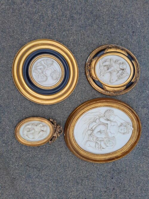 A 20TH Century Set of Marble Composite Panel in an Ornate Gilt Frame 26H x 16cmW and  Three Relief Panels in Giltwood Frames  Gilders and Picture Restorers