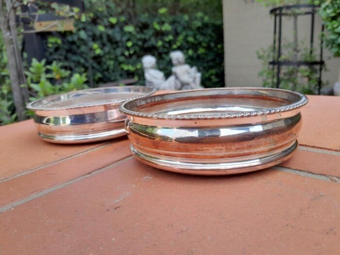 A 20th Century Pair of Silver- plate Wine Coasters with Wooden Bases - Image 4