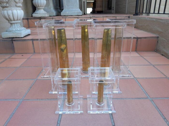A Mid-20th Century Circa 1945 Set of Seven WW2 Brass Cannon Shells In Perspex Boxes - Image 2