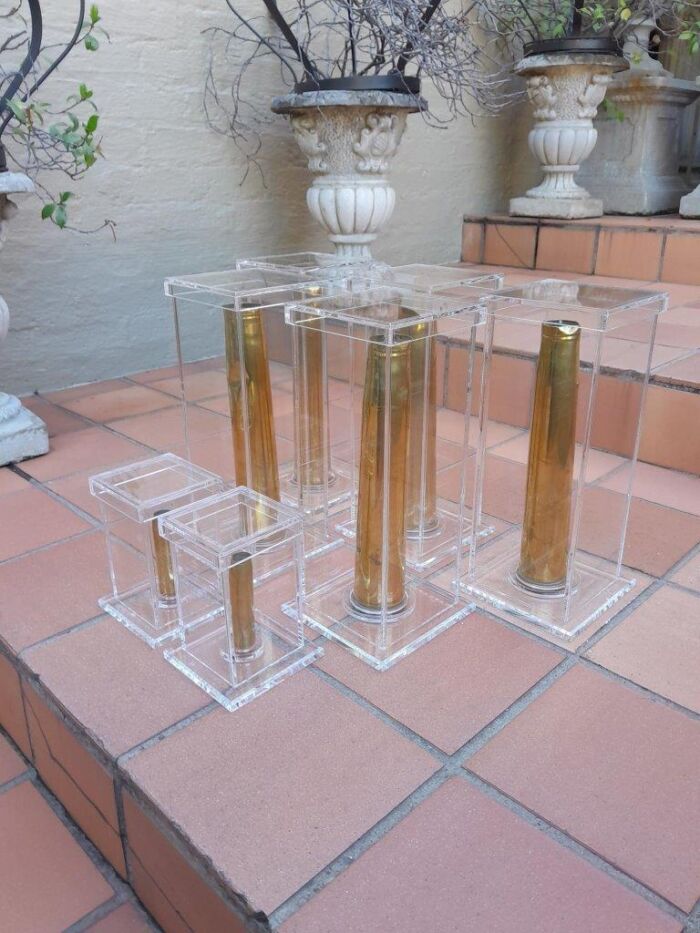 A Mid-20th Century Circa 1945 Set of Seven WW2 Brass Cannon Shells In Perspex Boxes - Image 4