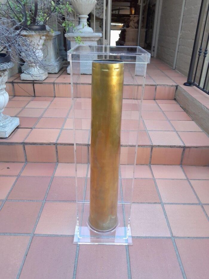 A Mid-20th Century Circa 1945 Set of Seven WW2 Brass Cannon Shells In Perspex Boxes - Image 9
