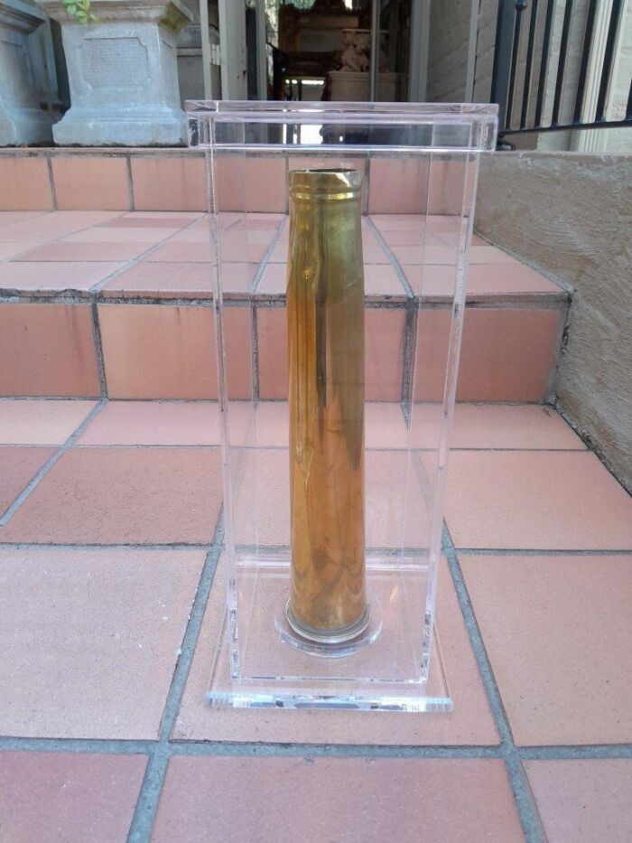 A Mid-20th Century Circa 1945 Set of Seven WW2 Brass Cannon Shells In Perspex Boxes - Image 12