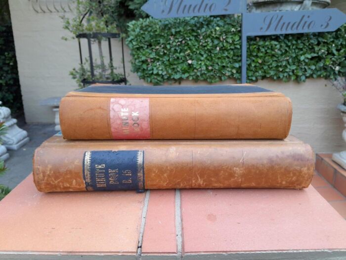 An Antique Set of Two Large Decorative Leger and Minute Books with Leather. - Image 3