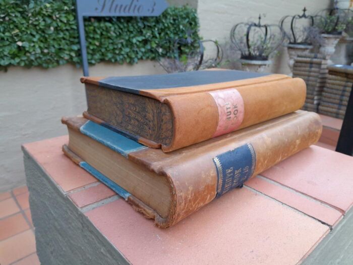 An Antique Set of Two Large Decorative Leger and Minute Books with Leather. - Image 4
