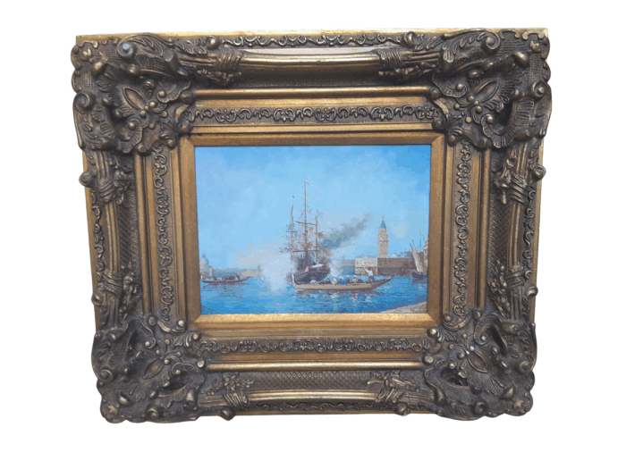 A 20th Century Continental School Oil on Canvas Ship Painting in a Ornately Carved and Gilded Frame
