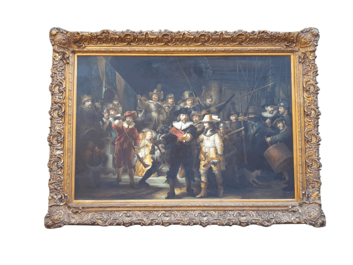 A Massive Painting Of The Night Watch, After Rembrandt Oil On Canvas (By Scott) In An Ornately Carved And Gilded Frame