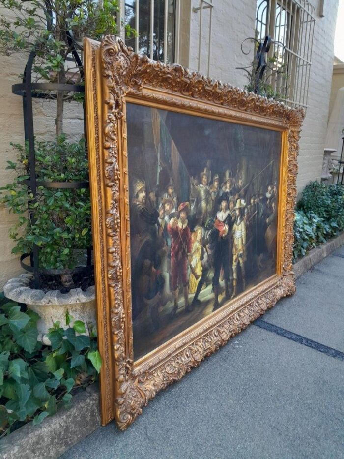 A Massive Painting Of The Night Watch, After Rembrandt Oil On Canvas (By Scott) In An Ornately Carved And Gilded Frame - Image 6