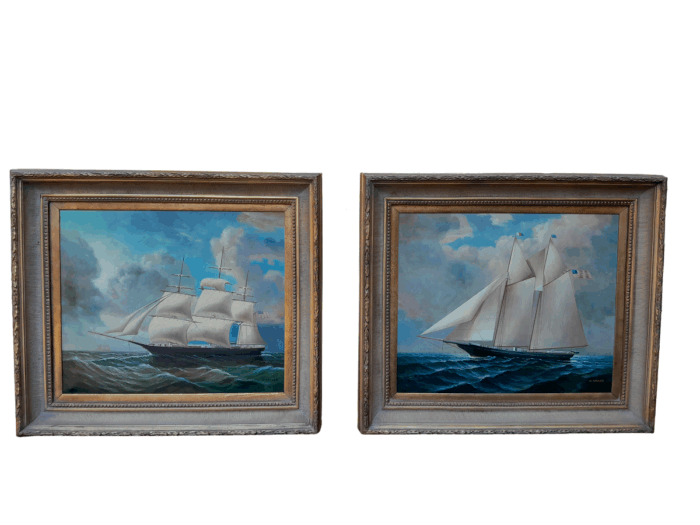 A 20th Century Pair Of Ships Oils On Canvas In Gilded Frames USA 1960s