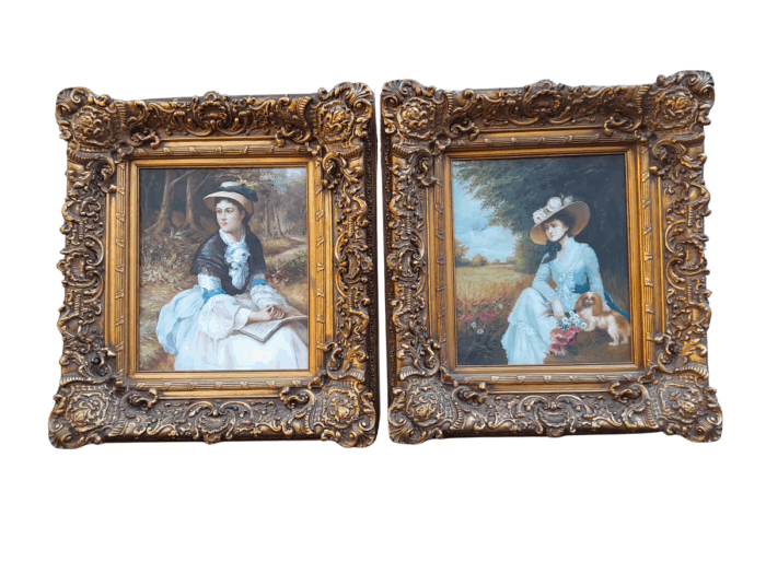 A Pair Oil Panting Of Ladies In Gilded Ornate Frames  Signed