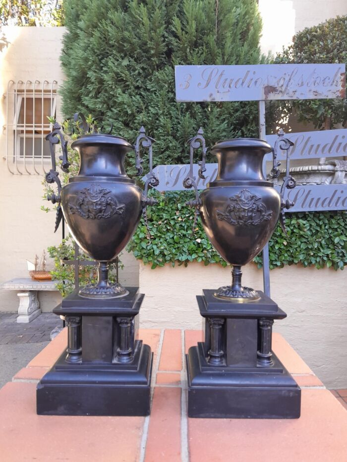 A Pair Of 19th Century French Bronze And Slate Urns On Columns - Image 2