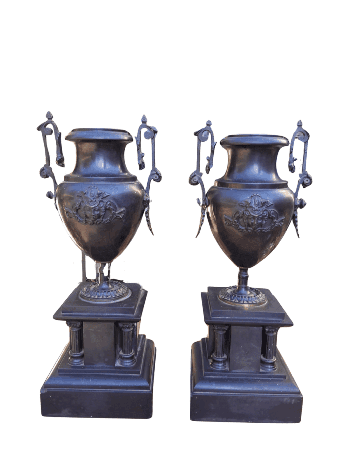 A Pair Of 19th Century French Bronze And Slate Urns On Columns