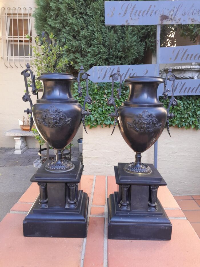 A Pair Of 19th Century French Bronze And Slate Urns On Columns - Image 3