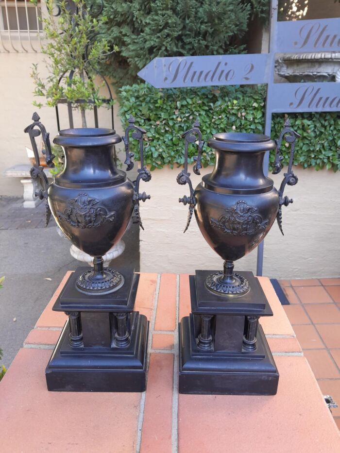 A Pair Of 19th Century French Bronze And Slate Urns On Columns