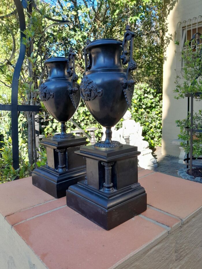 A Pair Of 19th Century French Bronze And Slate Urns On Columns - Image 5