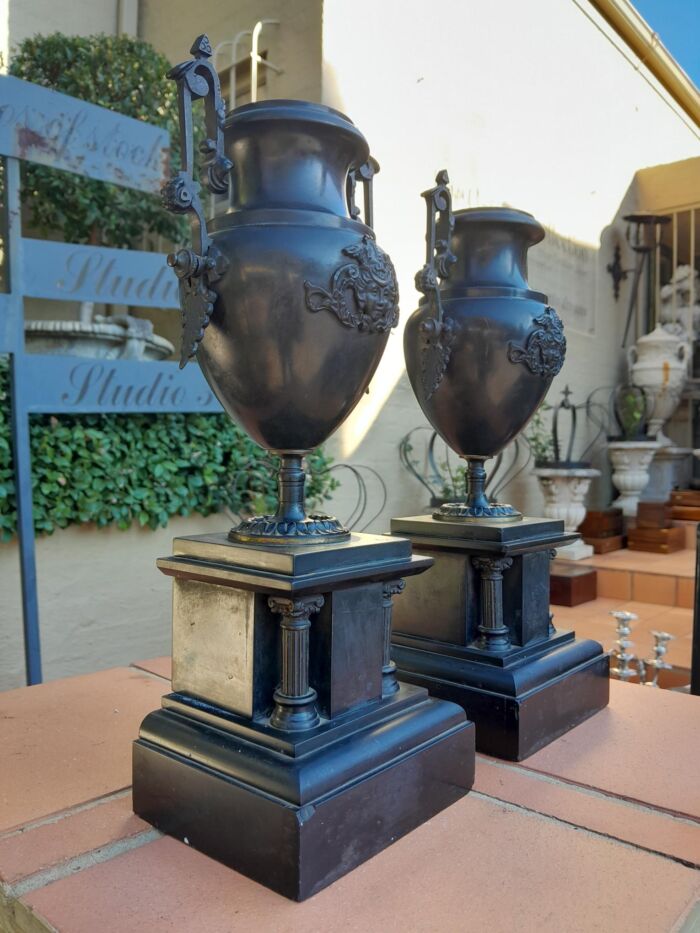 A Pair Of 19th Century French Bronze And Slate Urns On Columns - Image 6