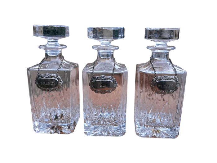 A Set Of Three Cut Glass Decanters With Labels (Whisky, Gin And  Brandy)