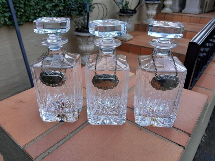 A Set Of Three Cut Glass Decanters With Labels (Whisky, Gin And  Brandy) - Image 3