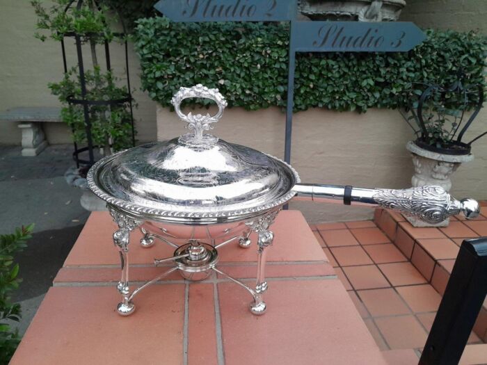 A 19th Century Silver-Plated Chafing Dish with Handle on Stand with Burner - Image 2