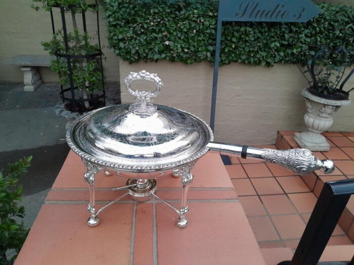 A 19th Century Silver-Plated Chafing Dish with Handle on Stand with Burner - Image 3