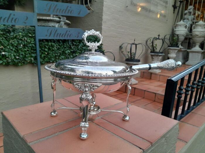 A 19th Century Silver-Plated Chafing Dish with Handle on Stand with Burner - Image 4