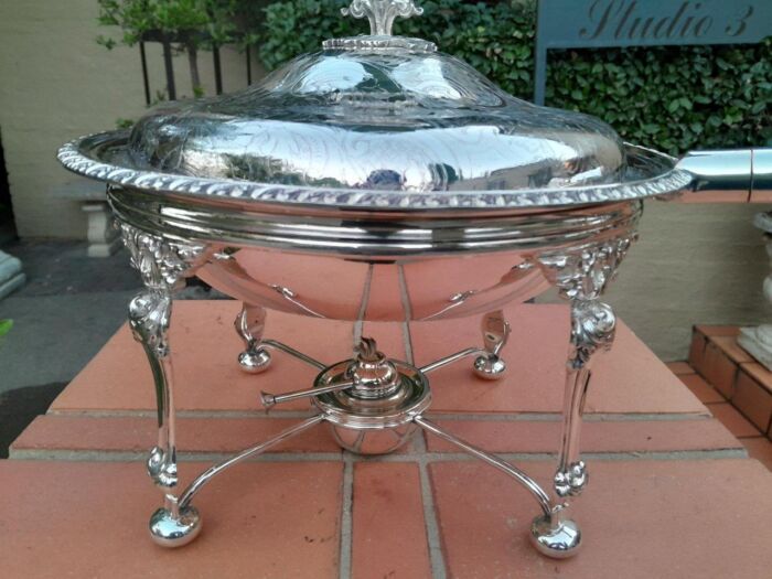 A 19th Century Silver-Plated Chafing Dish with Handle on Stand with Burner - Image 6