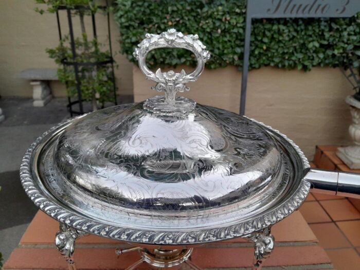 A 19th Century Silver-Plated Chafing Dish with Handle on Stand with Burner - Image 7