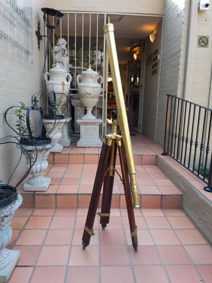 20th Century Antique Solid Brass Nautical Telescope On Wooden Tripod Legs - Image 3