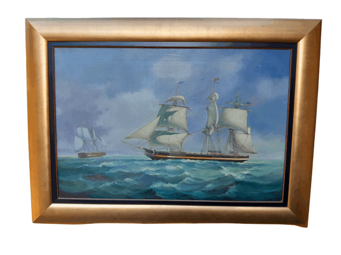 A 20TH Century French Oil On Canvas Ships In Sea Signed In Gold Frame